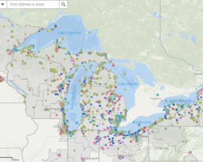 map of the Great Lakes showing GLRI projects throughout the basin