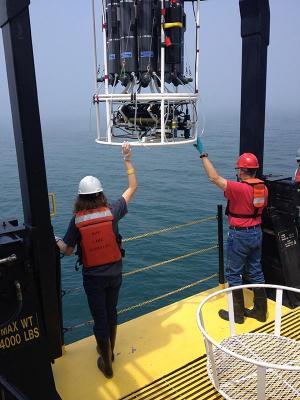 two people launching the rosette sampler off the side of the Lake Guardian ship