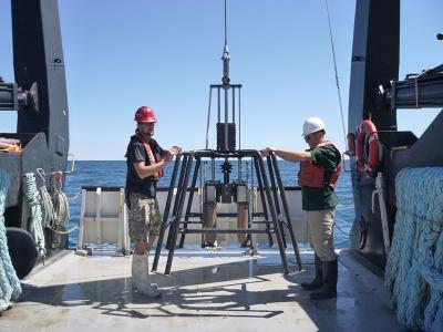 rosette sampler being used on board the Lake Guardian