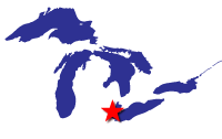 outline of the Great Lakes with star showing location of the Rouge River AOC