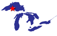 outline of the Great Lakes with a star showing the location of Torch Lake AOC