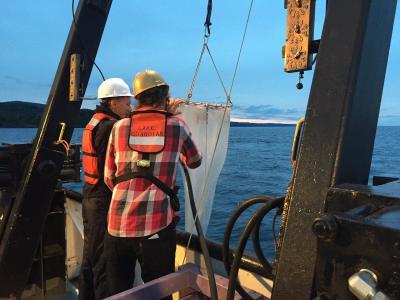 Scientists using the rosette sampler on board the Research Vessel Lake Guardian