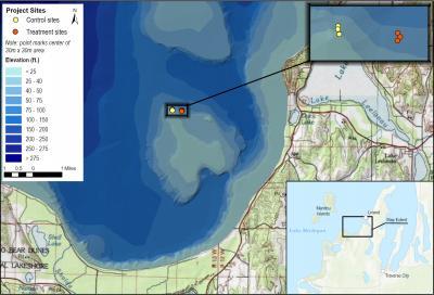 Map showing location of the quagga mussel control test sites in Lake Michigan