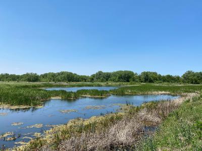 water running through prairie under a clear blue sky