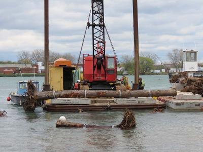 a barge with a crane from which a tree trunk dangles