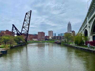 view from the Cuyahoga River in downtown Cleveland
