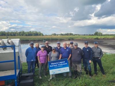Representatives from U.S. EPA, the Cleveland Water Alliance, Ohio EPA, Neundorfer, Inc., and Heidelberg University’s National Center for Water Quality Research tour the pilot project at Pfeifer Dairy in Bucyrus, Ohio.