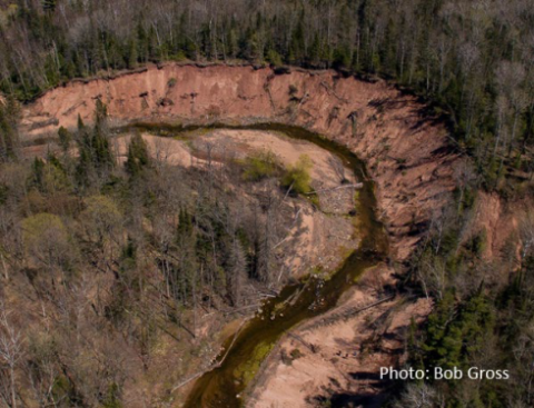 Aerial view of a unstable stream and sediment. 
