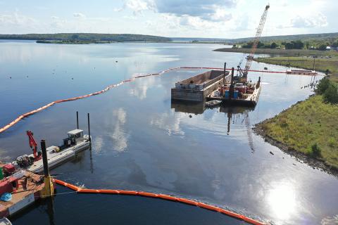 Torch Lake Drum Removal Pilot 09-16-24 Dredge Plant and Turbidity Curtain