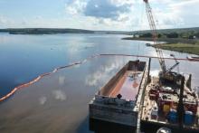 Torch Lake Drum Removal Pilot 09-16-24 Crane Unloading Material Into Hopper Barge